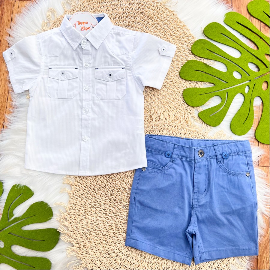 Conj. Camisa com Botões e Bermuda - Branco e Azul Jeans